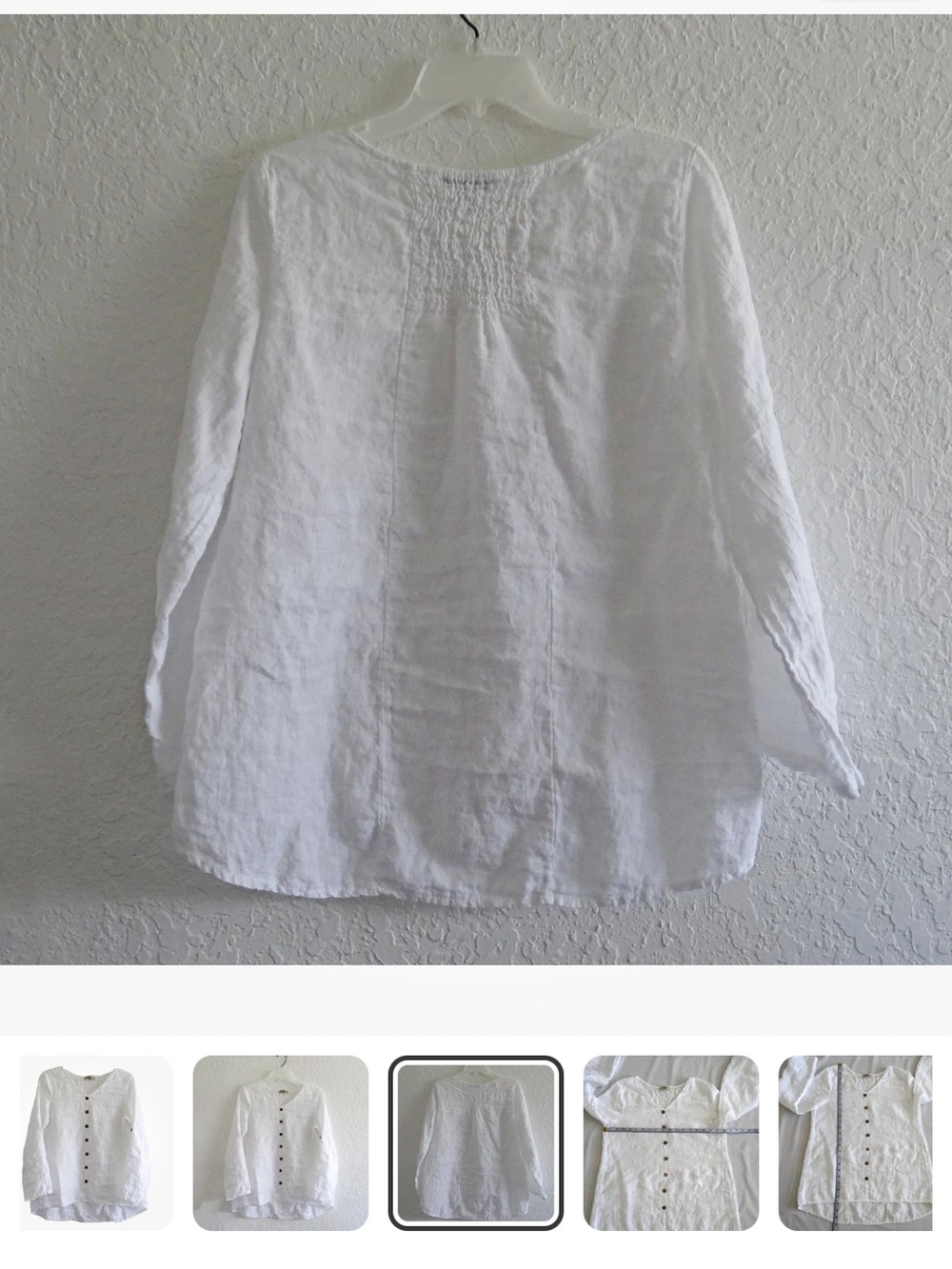 White Linen Button-Front Italy V-Neck Blouse small lagenlook - Picture 3 of 9